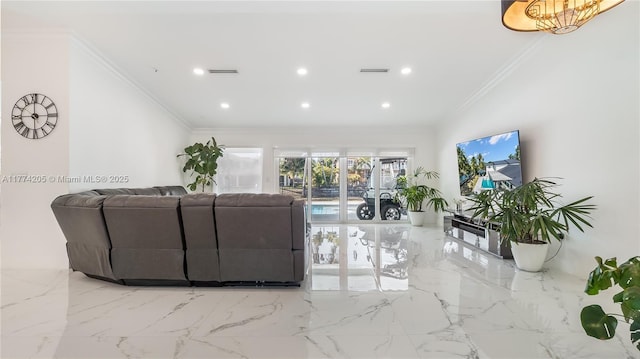 living area with crown molding, recessed lighting, and marble tiled floors