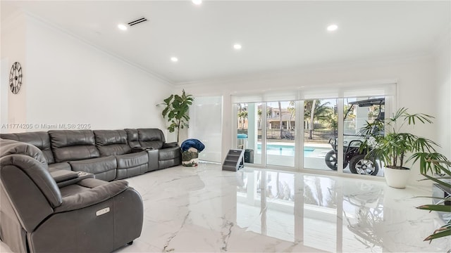 living room with marble tiled flooring, crown molding, and recessed lighting