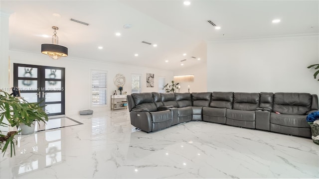 living room with crown molding, recessed lighting, light marble finish floors, and french doors