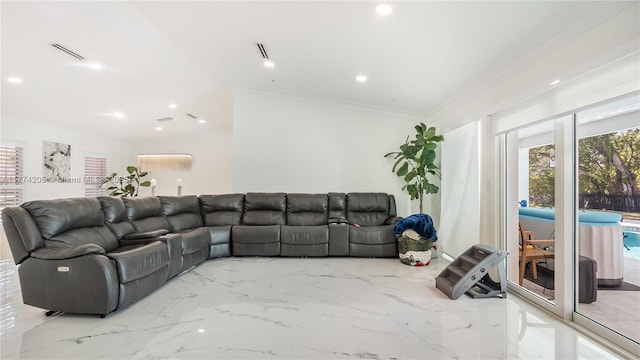 living room with crown molding, recessed lighting, and marble finish floors