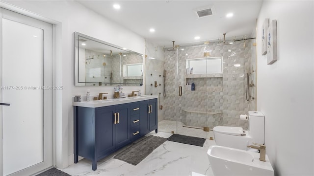 full bathroom with marble tiled flooring, a stall shower, toilet, a bidet, and recessed lighting