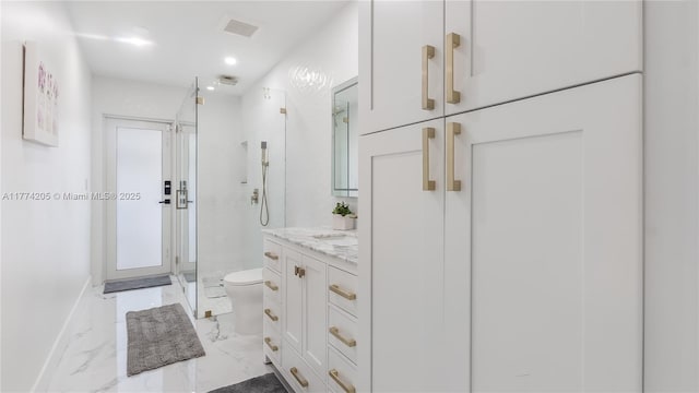 full bath with toilet, a stall shower, vanity, baseboards, and marble finish floors