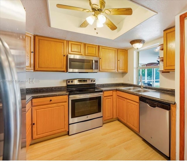 915 SE 20th St, Cape Coral, FL 33990 - kitchen with stainless steel appliances, a raised ceiling, light wood-type flooring, and dark countertops