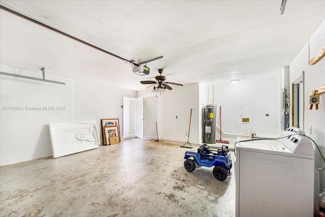 915 SE 20th St, Cape Coral, FL 33990 - garage with electric water heater, a garage door opener, ceiling fan, and washing machine and clothes dryer