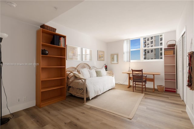 bedroom with wood finished floors and a closet