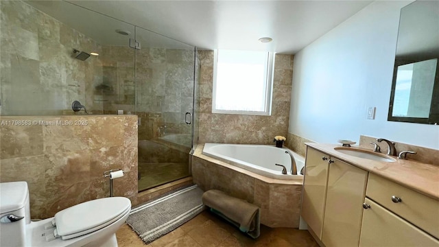 1745 E Hallandale Beach Blvd Unit 2007W, Hallandale Beach, FL 33009 - bathroom featuring toilet, vanity, a garden tub, a shower stall, and tile patterned flooring