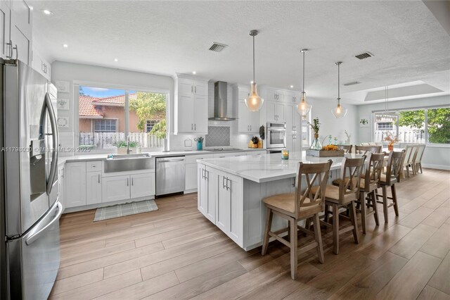 1199 NW 166th Ave, Pembroke Pines, FL 33028 - kitchen featuring stainless steel appliances, wall chimney exhaust hood, light wood-style floors, a sink, and a textured ceiling