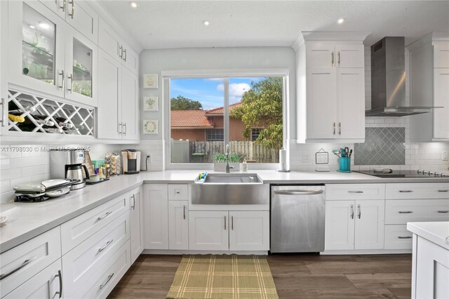 1199 NW 166th Ave, Pembroke Pines, FL 33028 - kitchen with dishwasher, wall chimney exhaust hood, a sink, recessed lighting, and white cabinetry