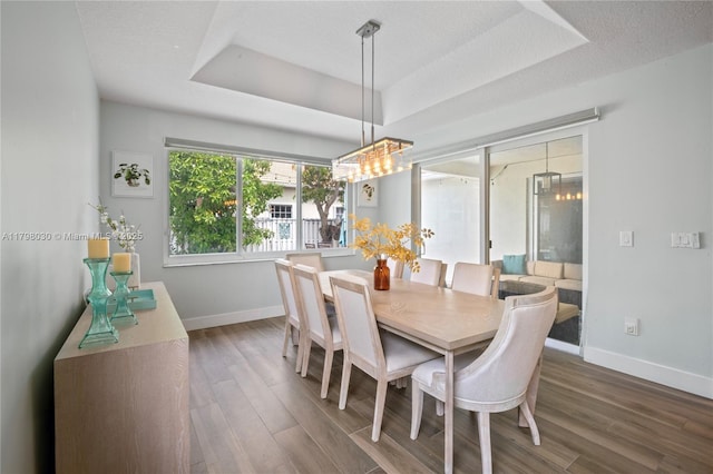1199 NW 166th Ave, Pembroke Pines, FL 33028 - dining space featuring baseboards, wood finished floors, a tray ceiling, and a chandelier
