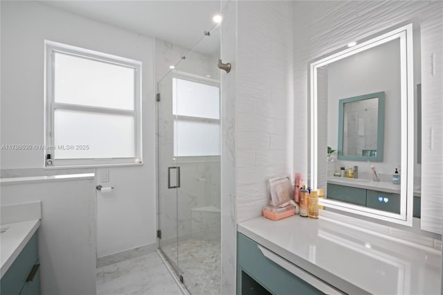 1199 NW 166th Ave, Pembroke Pines, FL 33028 - bathroom featuring marble look tiles, vanity, a marble finish shower, and baseboards