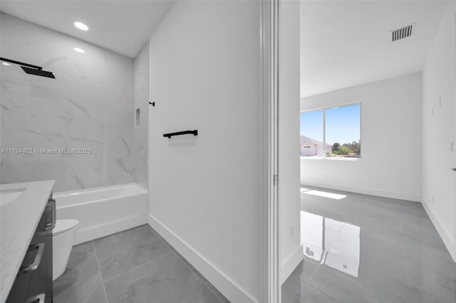 1212 NW 35th Pl, Cape Coral, FL 33993 - bathroom with vanity, baseboards, shower / bath combination, toilet, and marble look tile flooring