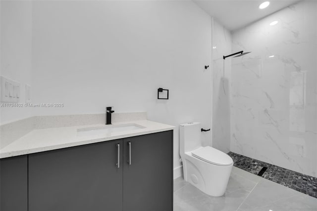 1212 NW 35th Pl, Cape Coral, FL 33993 - full bathroom featuring toilet, a marble finish shower, vanity, marble finish flooring, and recessed lighting