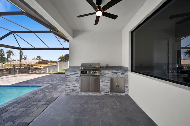 1212 NW 35th Pl, Cape Coral, FL 33993 - view of patio / terrace with an outdoor kitchen, a grill, ceiling fan, a lanai, and an outdoor pool