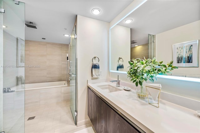 1180 N Federal Hwy Unit 1407, Fort Lauderdale, FL 33304 - full bath featuring a tile shower, tile patterned flooring, a relaxing tiled tub, vanity, and recessed lighting