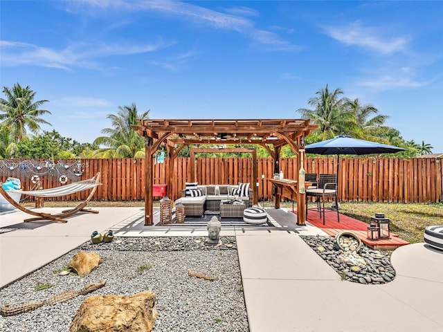 5206 NW 99th Ave, Sunrise, FL 33351 - view of patio / terrace with an outdoor hangout area, a pergola, and a fenced backyard