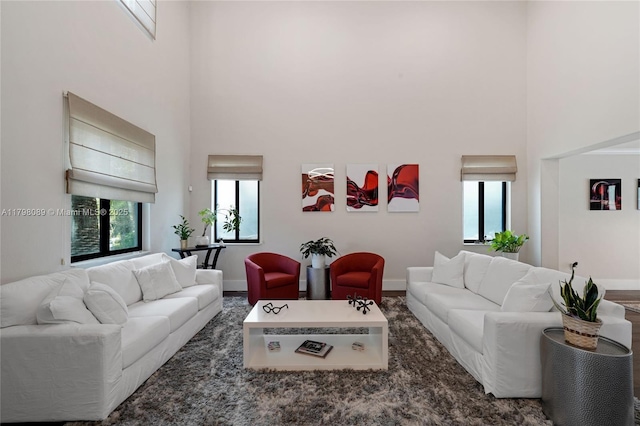 living area featuring a towering ceiling and baseboards