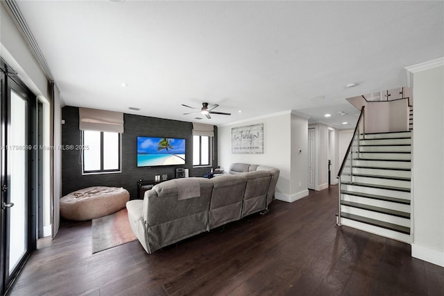 living area featuring baseboards, dark wood-type flooring, recessed lighting, stairs, and a ceiling fan