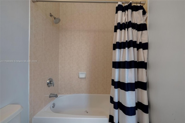 full bathroom with shower / bathtub combination with curtain and toilet