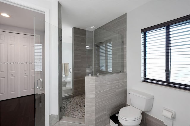 bathroom with toilet, a stall shower, healthy amount of natural light, and recessed lighting