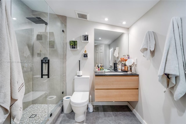 full bath featuring toilet, a stall shower, vanity, baseboards, and recessed lighting