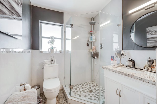 full bathroom featuring a shower stall, toilet, and vanity