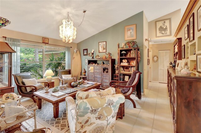 95 E Westwood Cir E, West Palm Beach, FL 33411 - living area with vaulted ceiling, a chandelier, and light tile patterned flooring