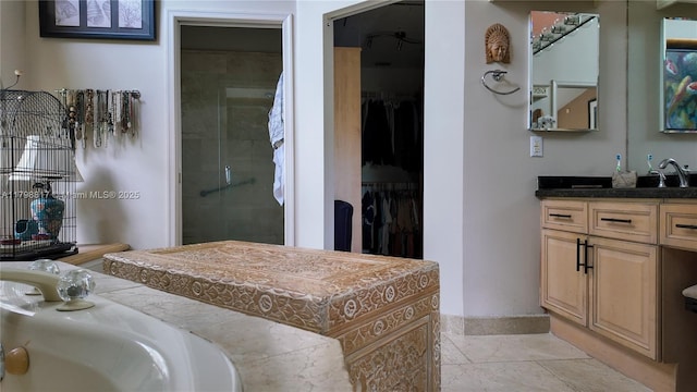 bathroom featuring a shower stall, a spacious closet, baseboards, and vanity