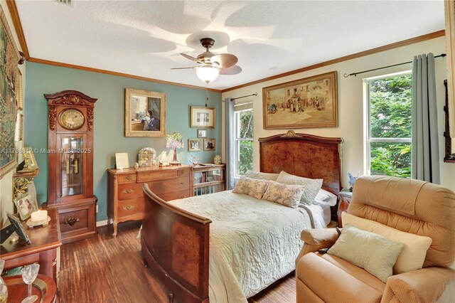 95 E Westwood Cir E, West Palm Beach, FL 33411 - bedroom with dark wood-style floors, baseboards, a ceiling fan, and ornamental molding