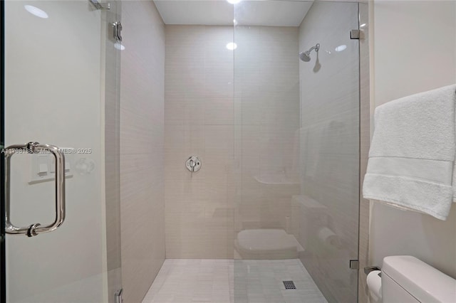 full bathroom featuring toilet and a shower stall