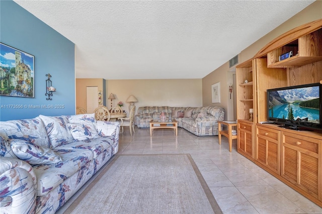 living room featuring a textured ceiling