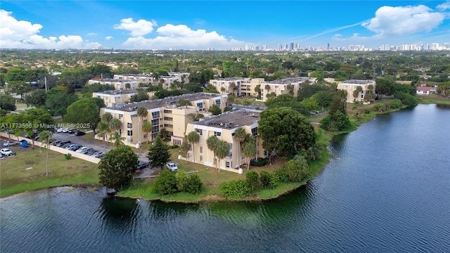 bird's eye view of a large body of water and a view of skyline