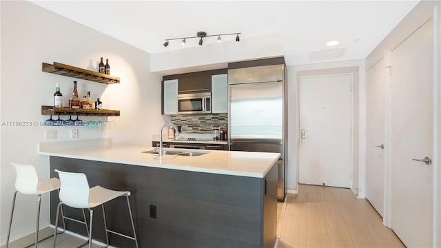 55 SE 6th St Unit 1804, Miami, FL 33131 - kitchen with appliances with stainless steel finishes, a sink, a peninsula, open shelves, and backsplash