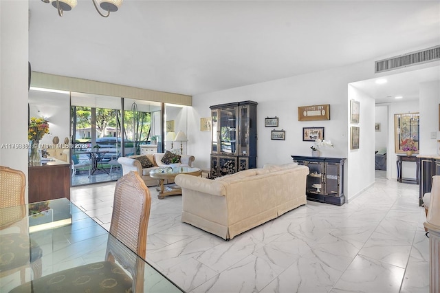 living area with light marble finish floors