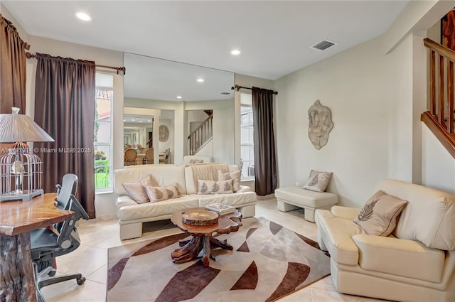 12672 Tucano Cir, Boca Raton, FL 33428 - living area with stairs, light tile patterned flooring, plenty of natural light, and recessed lighting