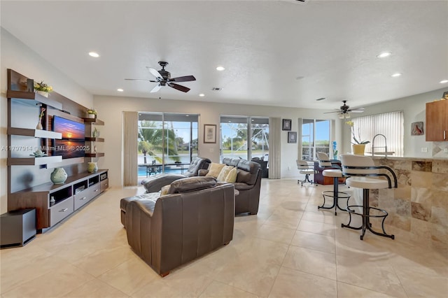 12672 Tucano Cir, Boca Raton, FL 33428 - living room featuring ceiling fan, recessed lighting, and light tile patterned flooring