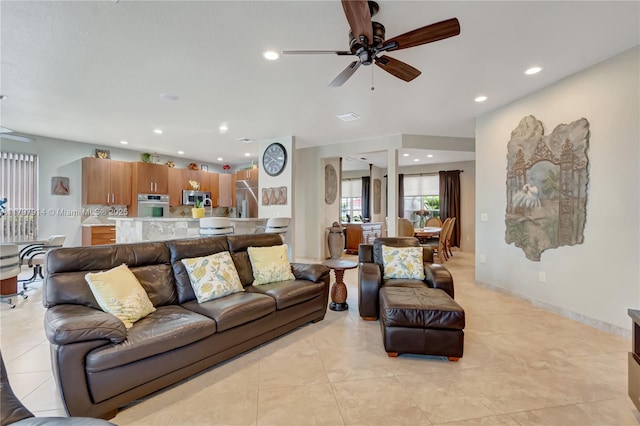 12672 Tucano Cir, Boca Raton, FL 33428 - living area featuring a ceiling fan, recessed lighting, and light tile patterned floors