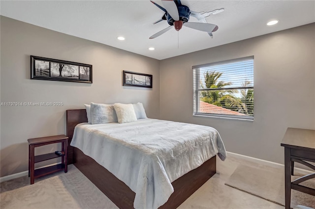 12672 Tucano Cir, Boca Raton, FL 33428 - bedroom featuring light carpet, baseboards, recessed lighting, and a ceiling fan