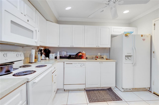 4848 NW 24th Ct Unit 215, Lauderdale Lakes, FL 33313 - kitchen with white appliances, a sink, ceiling fan, light countertops, and ornamental molding