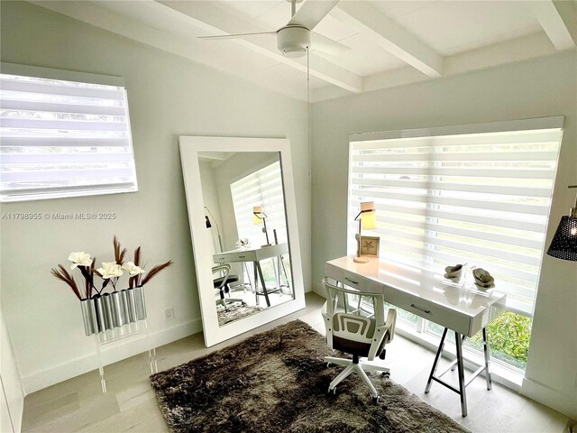 2406 Marathon Ln, Fort Lauderdale, FL 33312 - office area featuring beamed ceiling, a ceiling fan, baseboards, and wood finished floors