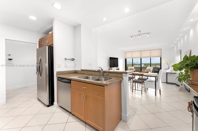 151 Crandon Blvd Unit 926, Key Biscayne, FL 33149 - kitchen with appliances with stainless steel finishes, a sink, open floor plan, light tile patterned floors, and recessed lighting
