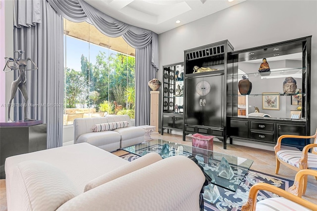 8100 Muirhead Cir, Boynton Beach, FL 33472 - living room with tile patterned flooring, a high ceiling, and recessed lighting