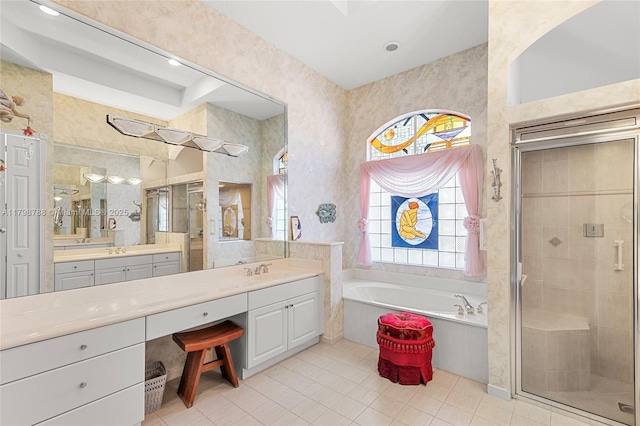 8100 Muirhead Cir, Boynton Beach, FL 33472 - bathroom featuring a bath, a shower stall, vanity, and tile patterned flooring