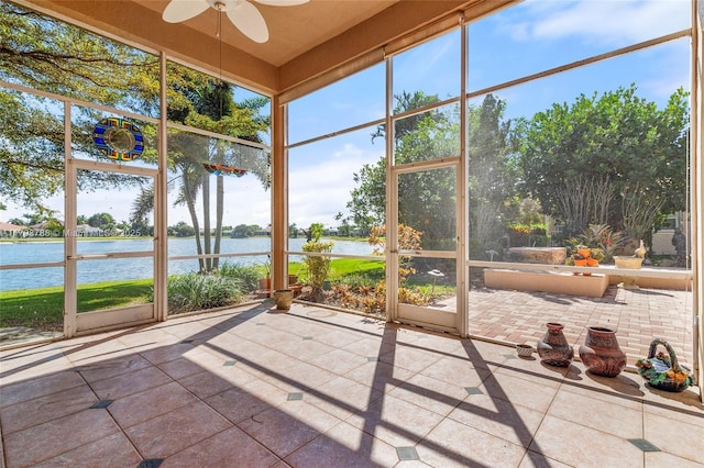 8100 Muirhead Cir, Boynton Beach, FL 33472 - unfurnished sunroom with a water view and ceiling fan