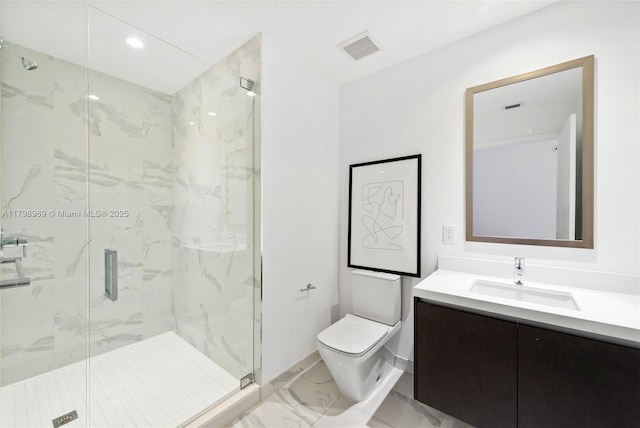 851 NE 1st Ave Unit 4011, Miami, FL 33132 - bathroom featuring marble finish flooring, toilet, vanity, a marble finish shower, and recessed lighting