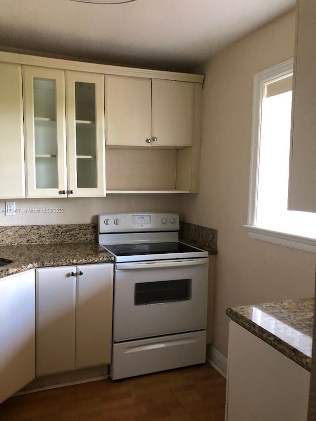 kitchen with electric stove, white cabinetry, glass insert cabinets, and wood finished floors