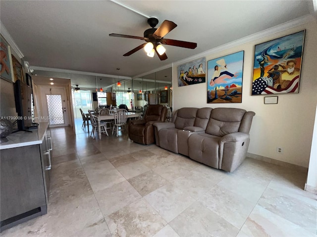 9420 Sunrise Lakes Blvd Unit 106, Sunrise, FL 33322 - living room with crown molding and ceiling fan