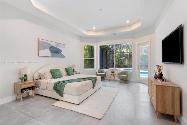 10275 Oak Meadow Ln, Lake Worth, FL 33449 - bedroom with access to outside, finished concrete flooring, a raised ceiling, recessed lighting, and a sunroom