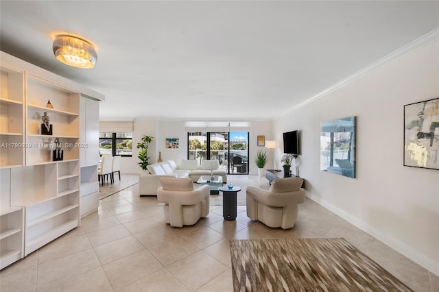 9801 Collins Ave Unit 5S, Bal Harbour, FL 33154 - living room with light tile patterned flooring, ornamental molding, and baseboards
