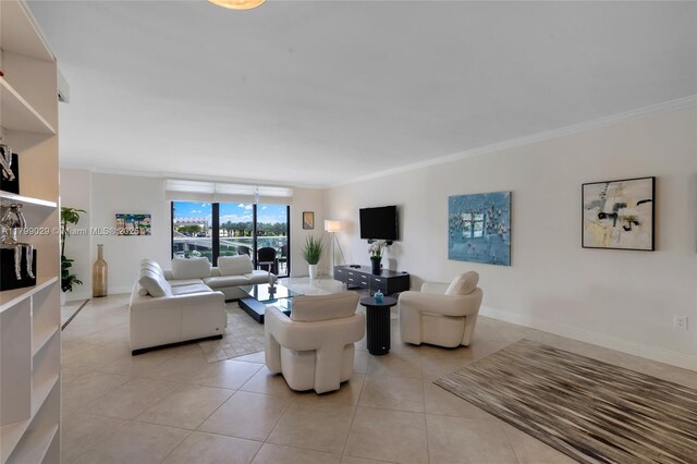 9801 Collins Ave Unit 5S, Bal Harbour, FL 33154 - living room with crown molding, light tile patterned floors, and baseboards