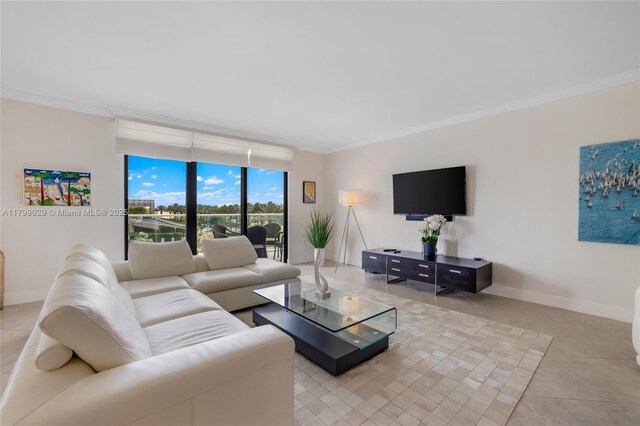 9801 Collins Ave Unit 5S, Bal Harbour, FL 33154 - living room featuring ornamental molding, light tile patterned flooring, and baseboards